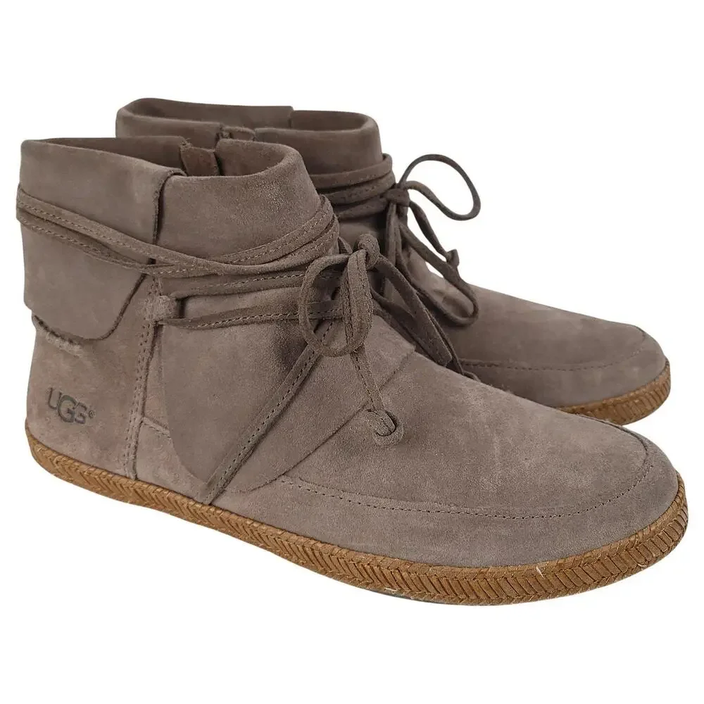 UGG Reid Moc Ankle Boots 7.5 Taupe Brown Side Zipper Booties